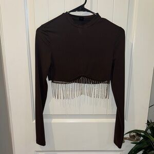 Elegant Brown Long Sleeve Top with Fringe